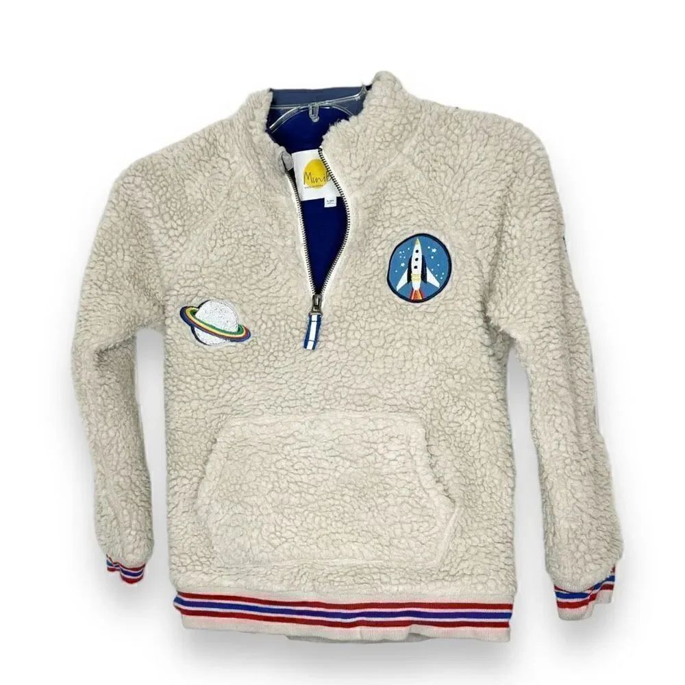 Mini Boden Ivory Space Race Embroidered Sherpa Half Zip Pullover Jacket 9-10 Yrs